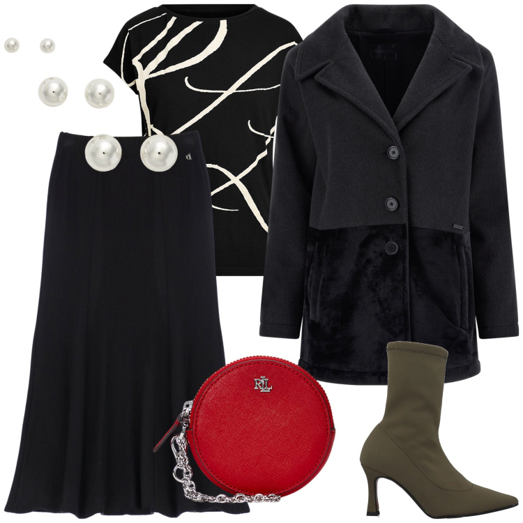 Outfit donna - Accessori a colori sul nero. Stile Urban per Ufficio. Abbinamento con stivaletti, cappotti, gonne lunghe, orecchini, maglieria, pochette.