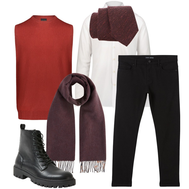 Outfit uomo - Cravatta e sciarpa bordeaux. Stile Business/Elegante per Ufficio. Abbinamento con anfibi, pantaloni skinny, cravatte, gilet, camicie, sciarpe.