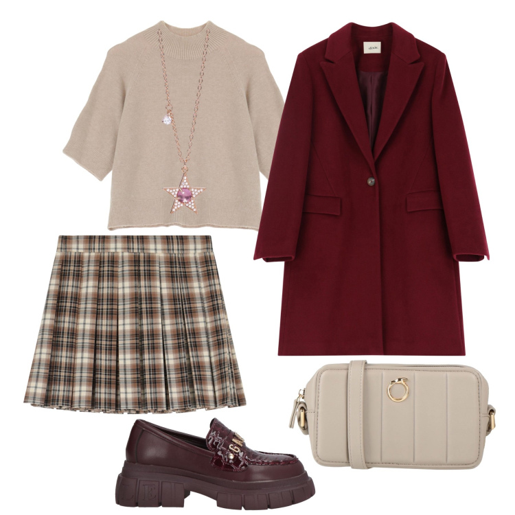 Outfit donna - Preppy mood. Stile Preppy per Tutti i giorni. Abbinamento con mocassini, borse a tracolla, collane, maglieria, minigonne, cappotti.