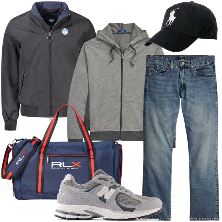Outfit uomo - Mi dedico allo sport. Stile Casual per Sport. Abbinamento con sneakers, cappelli, borse sportive, jeans dritti, felpe con cappuccio, giacche.