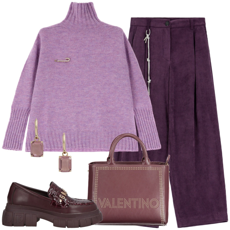 Outfit donna - Glicine e Borgogna. Stile Vintage retrò per Tutti i giorni. look ideale per Petite. Abbinamento con mocassini, pantaloni a palazzo, maglieria, orecchini, borse a spalla.