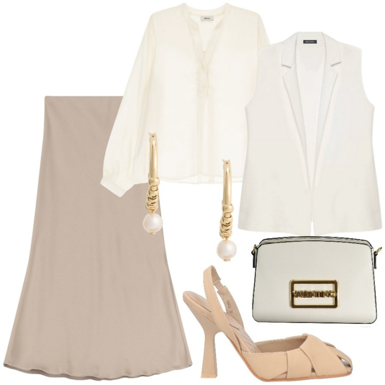 Outfit donna - Bianco e beige a dicembre. Stile Bon Ton per Cerimonia. Abbinamento con décolleté, camicie, gonne lunghe, orecchini, gilet, borse a spalla.