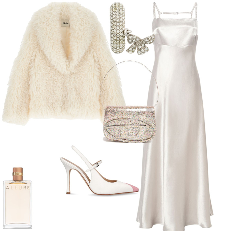 Outfit donna - Total look #2020562. Stile Glamour per Serata fuori. Abbinamento con profumi, blazer, orecchini, vestiti midi/longuette, décolleté, borse a spalla.