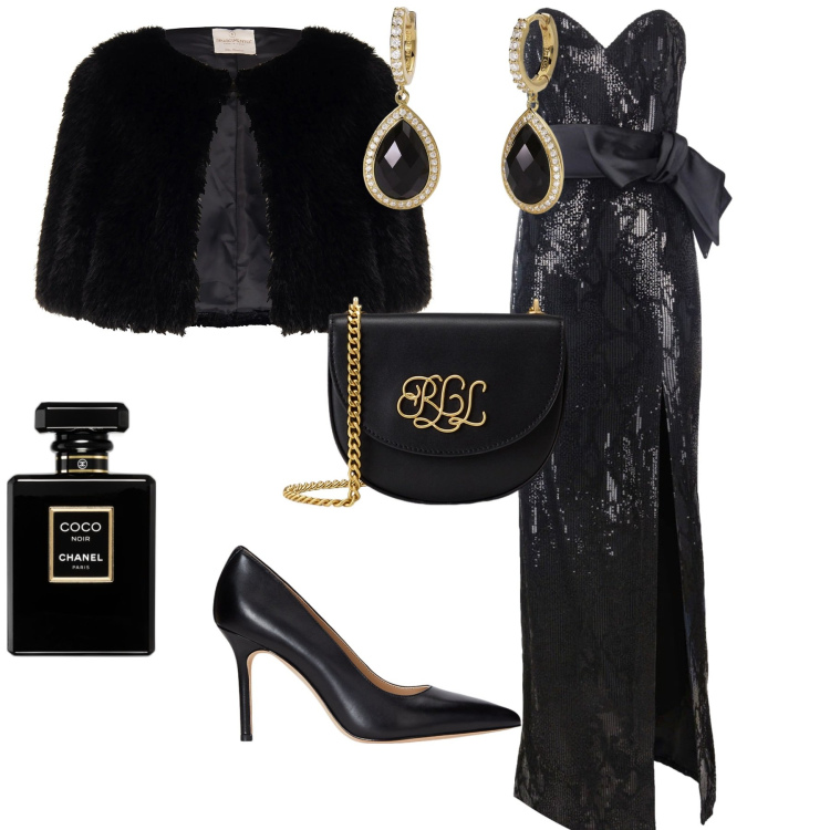Outfit donna - Total look #2020565. Stile Glamour per Serata fuori. Abbinamento con profumi, orecchini, blazer, vestiti lunghi, décolleté, borse a tracolla.