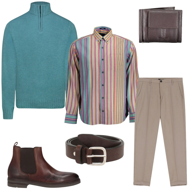 Outfit uomo - Camicia a righe, perché no?. Stile Casual per Tutti i giorni. Abbinamento con stivali e stivaletti, cinture, pantaloni chino, maglieria, portafogli, camicie.