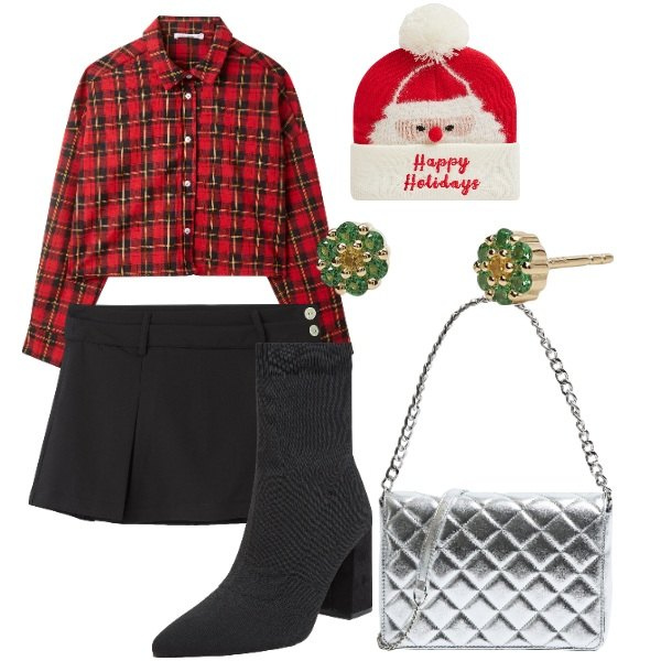 Outfit donna - Terranova Natale oh oh oh. Stile Trendy per Tutti i giorni. Abbinamento con berretti, stivaletti, camicie, minigonne, borse a tracolla, orecchini.