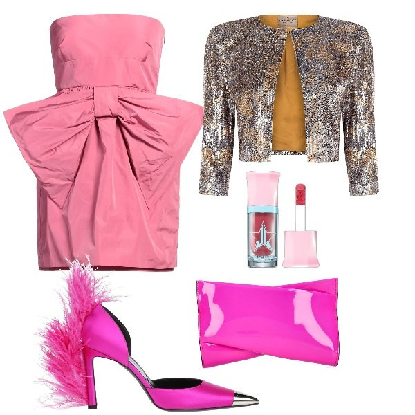 Outfit donna - Un Natale con i fiocchi. Stile Glamour per Serata fuori. Abbinamento con vestiti corti, décolleté, blush, blazer, pochette.