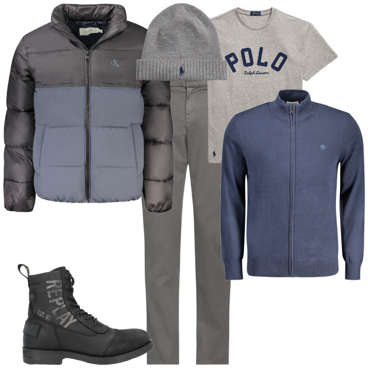 Outfit uomo - Total look #2020580. Stile Urban per Tutti i giorni. Abbinamento con pantaloni chino, stivali e stivaletti, berretti, t-shirt, cardigans, giacche.