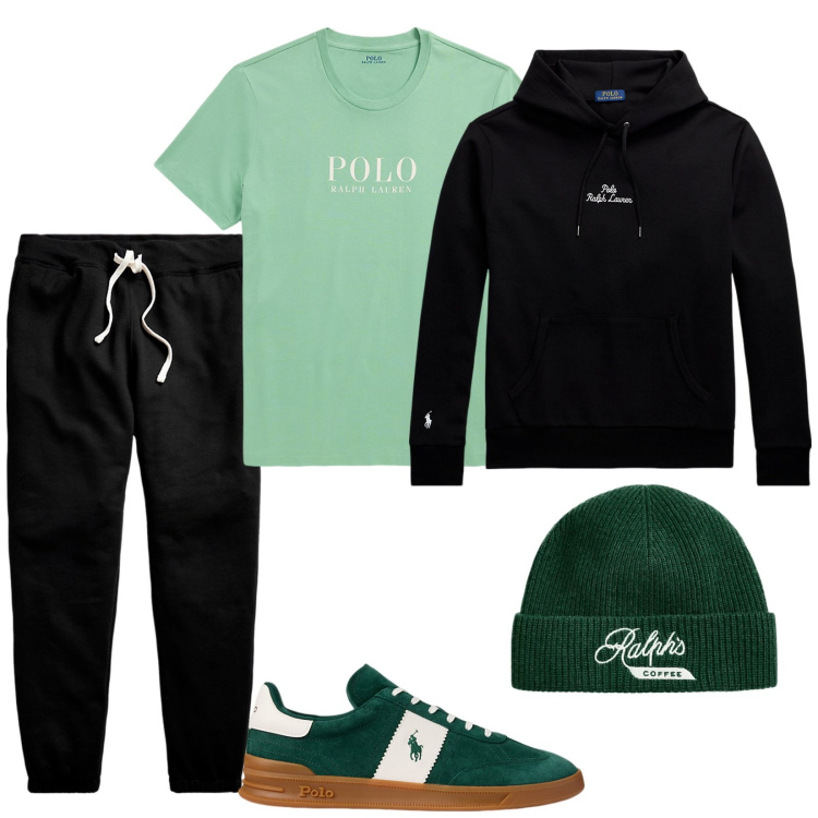 Outfit uomo - Total look #2020587. Stile Casual per Sport. Abbinamento con pantaloni, felpe con cappuccio, sneakers, berretti, t-shirt.