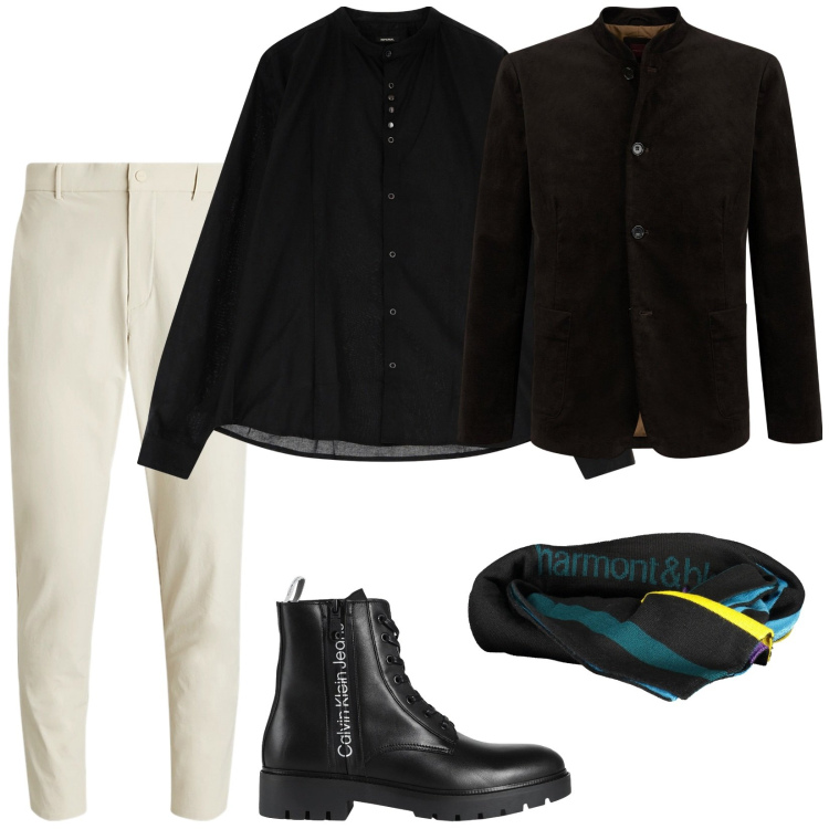 Outfit uomo - Me and you. Stile Trendy per Serata speciale. Abbinamento con anfibi, camicie, pantaloni, giacche, sciarpe.