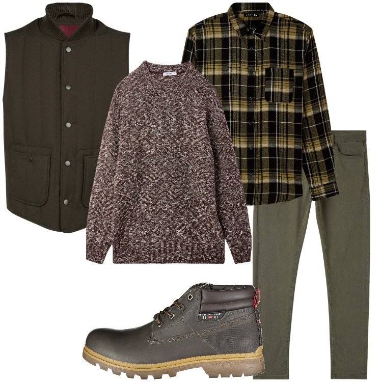Outfit uomo - Maglione lavorazione mouliné. Stile Casual per Tutti i giorni. Abbinamento con camicie, maglieria, pantaloni skinny, piumini, stivali.