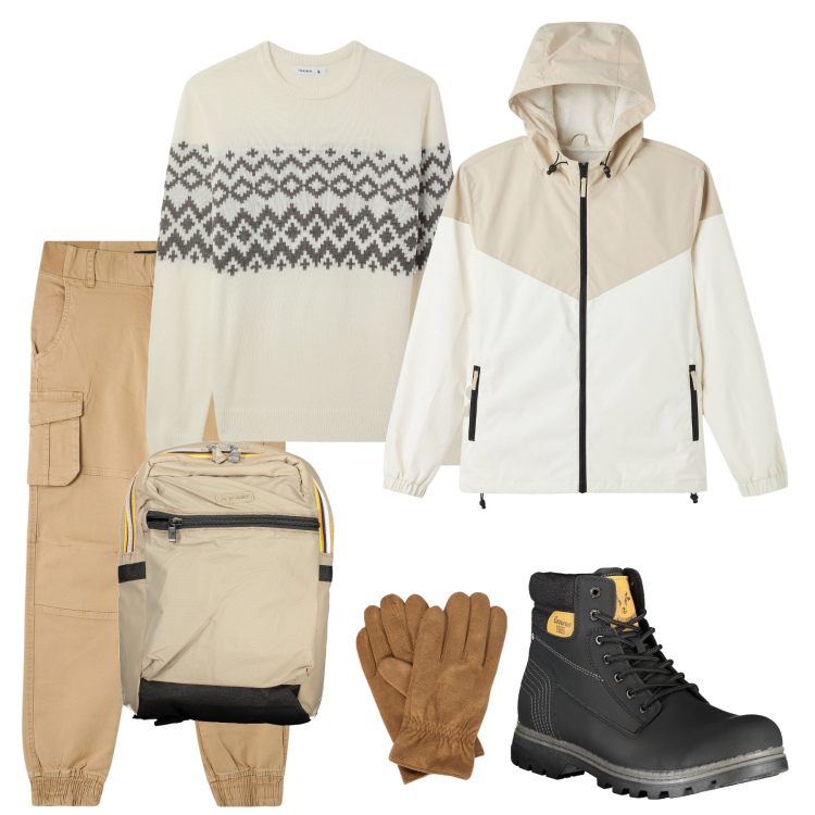 Outfit uomo - Giornata in montagna. Stile Trendy per Sport. Abbinamento con pantaloni cargo, giacche, maglieria, guanti, stivali, borse sportive.