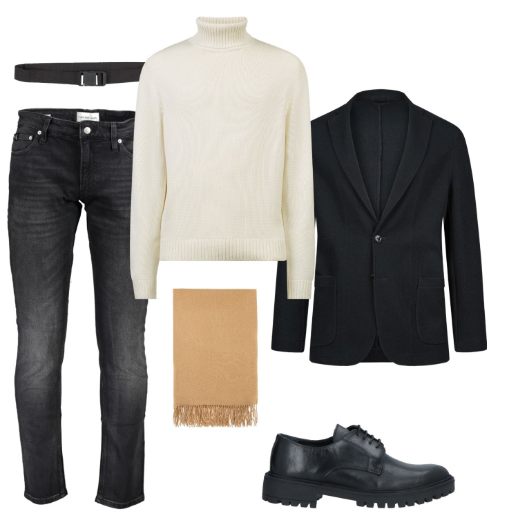 Outfit uomo - Il casual elegante. Stile Casual per Ufficio. Abbinamento con scarpe stringate, cinture, sciarpe, giacche, maglieria, jeans slim fit.