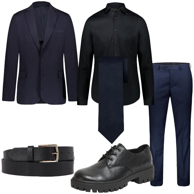 Outfit uomo - Blu e nero. Stile Business/Elegante per Serata speciale. Abbinamento con scarpe stringate, camicie, cinture, giacche, cravatte, pantaloni.