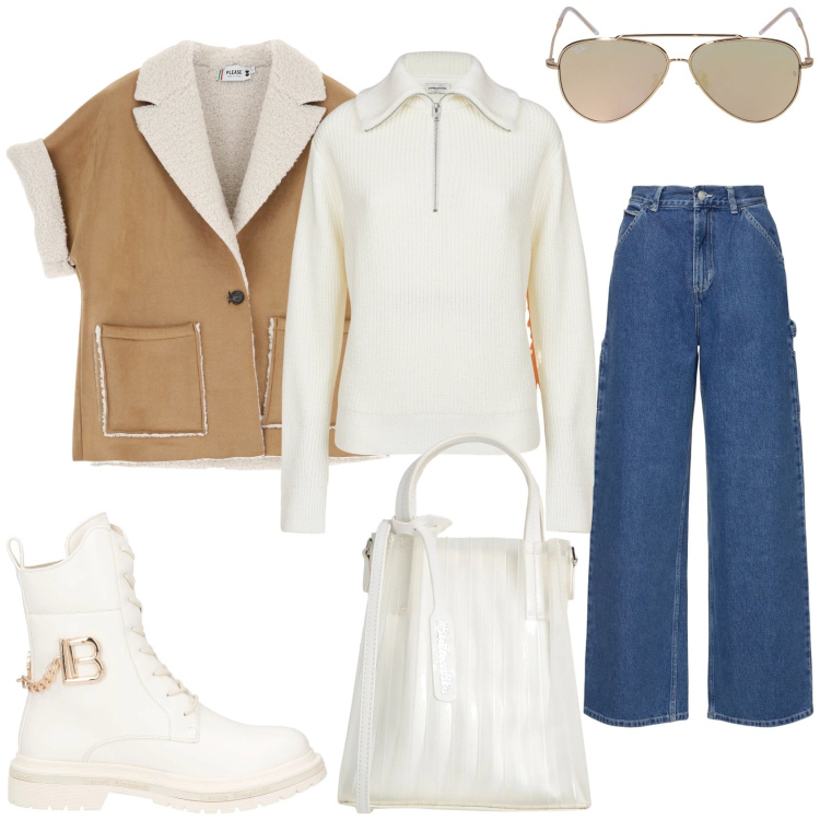 Outfit donna - La domenica mattina. Stile Trendy per Tutti i giorni. Abbinamento con anfibi, borse a mano, blazer, maglieria, pantaloni, occhiali da sole.