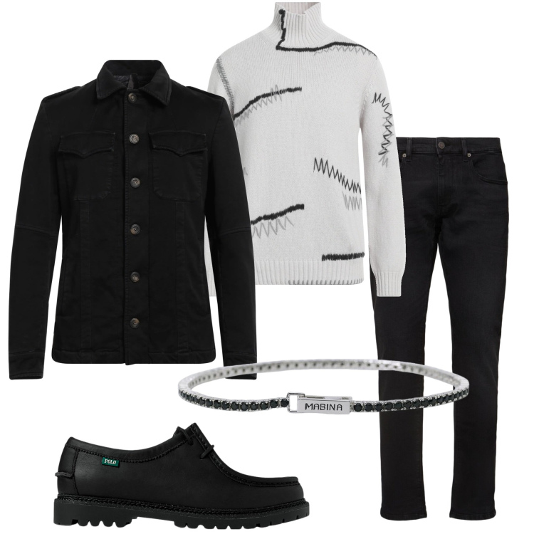 Outfit uomo - Black and White. Stile Urban per Tutti i giorni. Abbinamento con maglieria, giacche, braccialetti, scarpe stringate, jeans slim fit.