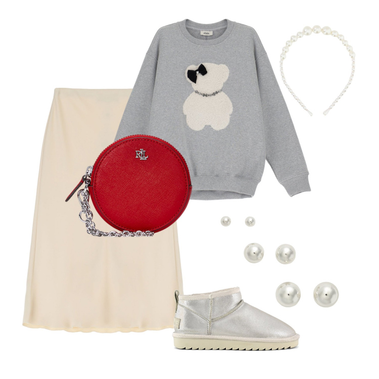 Outfit donna - Natalizia con Dixie. Stile Trendy per Tutti i giorni. Abbinamento con gonne, felpe, cerchietti, orecchini, pochette, stivali.