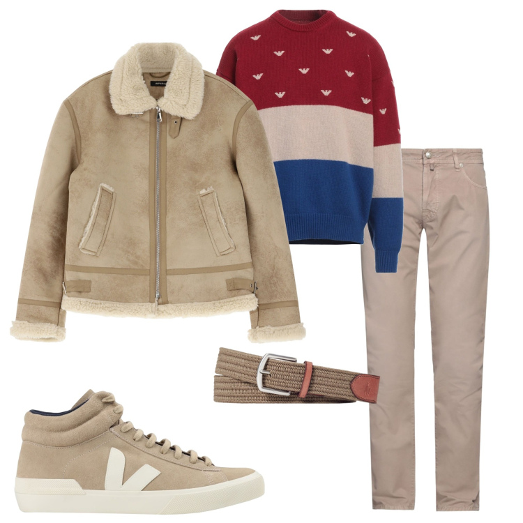 Outfit uomo - Giacca montone. Stile Urban per Tutti i giorni. Abbinamento con sneakers alte, pantaloni, pullovers, giacche, cinture.