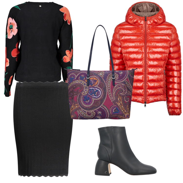 Outfit donna - Venerdì sera in pizzeria. Stile Trendy per Serata fuori. Abbinamento con stivaletti, borse tote, blazer, maglieria, gonne longuette.