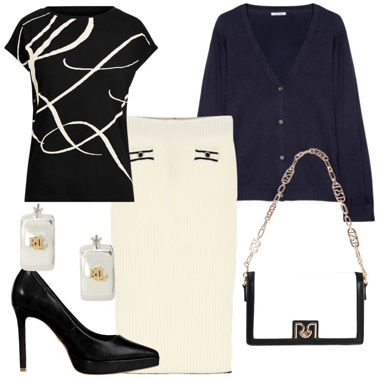 Outfit donna - Bianco e nero a dicembre. Stile Bon Ton per Ufficio. Abbinamento con décolleté, borse a tracolla, gonne, maglieria, orecchini, cardigans.