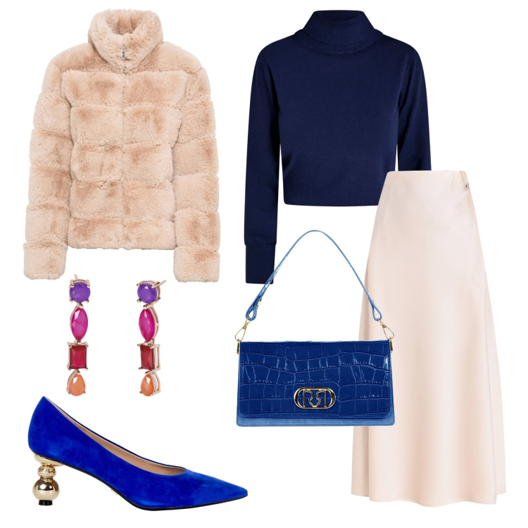 Outfit donna - Winter chic. Stile Glamour per Serata fuori. Abbinamento con ecopellicce, orecchini, borse a tracolla, décolleté, gonne longuette, maglieria.