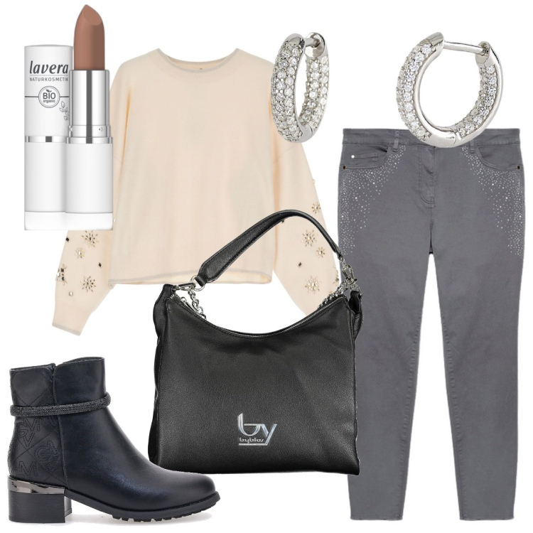 Outfit donna - Qualche tocco di luce. Stile Casual per Tutti i giorni. Abbinamento con rossetti, orecchini, maglieria, stivaletti, borse a spalla, jeans skinny.