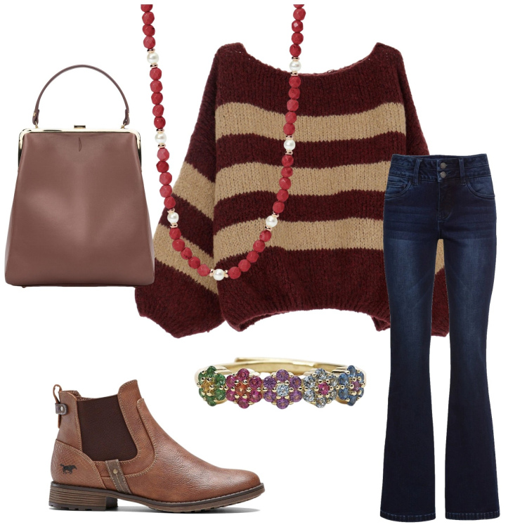 Outfit donna - Boho Xmas. Stile Boho per Tutti i giorni. Abbinamento con jeans bootcut, stivaletti chelsea, anelli, collane, maglieria, borse a spalla.