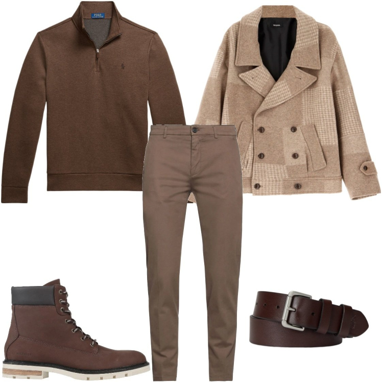 Outfit uomo - Terra e sabbia. Stile Trendy per Tutti i giorni. Abbinamento con stivali e stivaletti, pantaloni, cappotti, cinture, pullovers.