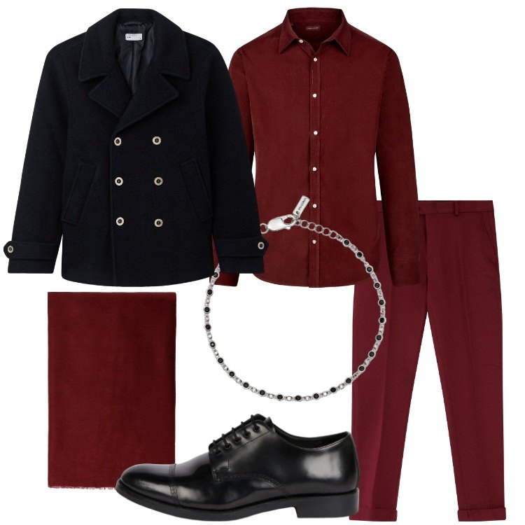 Outfit uomo - Una serata di festa. Stile Business/Elegante per Serata speciale. Abbinamento con cappotti, braccialetti, pantaloni, sciarpe, scarpe stringate, camicie.
