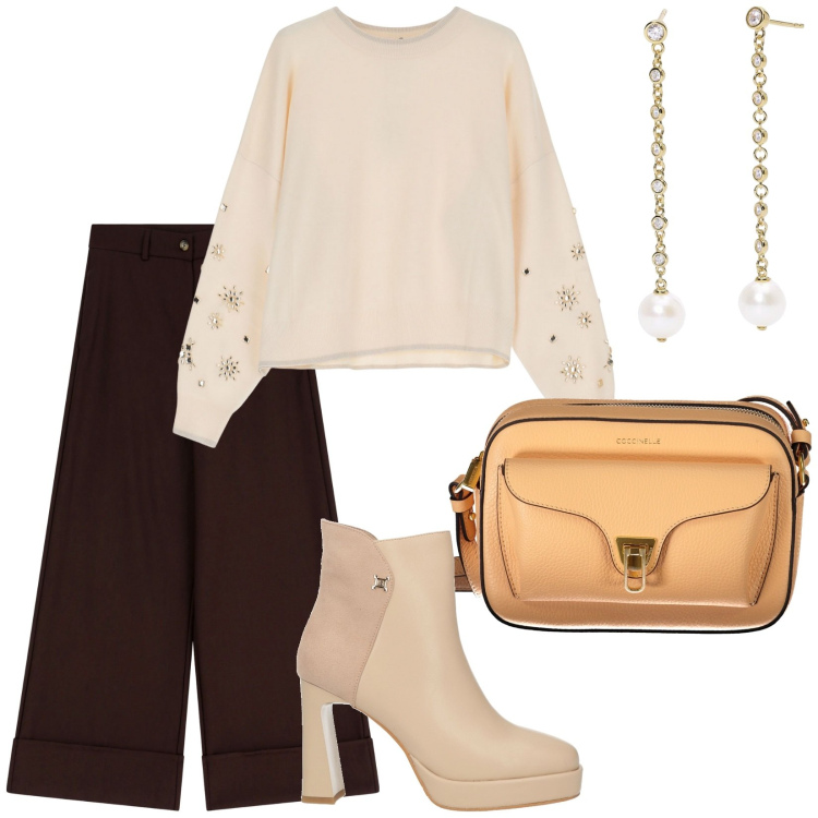 Outfit donna - Total look #2020687. Stile Casual chic per Tutti i giorni. Abbinamento con stivaletti, orecchini, maglieria, pantaloni, borse a tracolla.