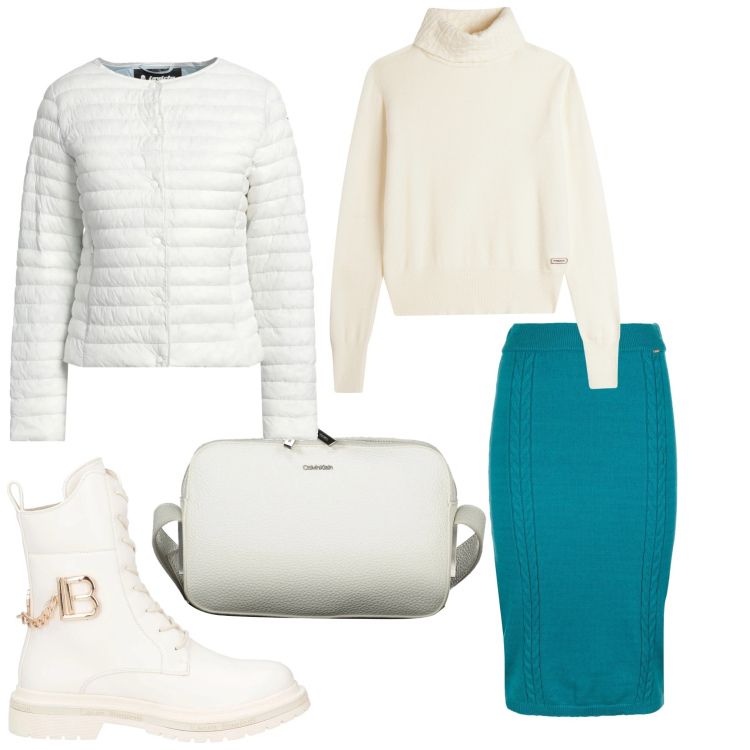 Outfit donna - Armonia di bianco e verde. Stile Casual chic per Serata fuori. Abbinamento con anfibi, piumini, gonne longuette, maglieria, borse a tracolla.