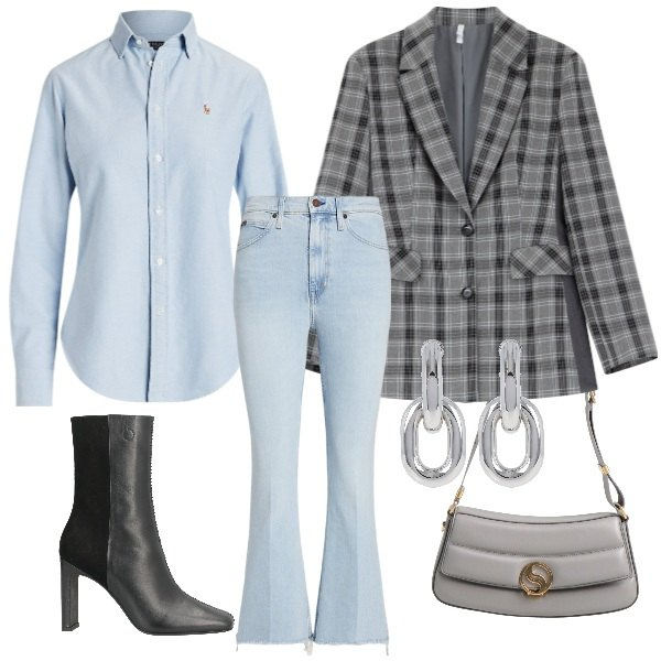 Outfit donna - In ufficio con jeans e giacca. Stile Casual chic per Ufficio. Abbinamento con stivaletti, borse a spalla, blazer, camicie, jeans, orecchini.