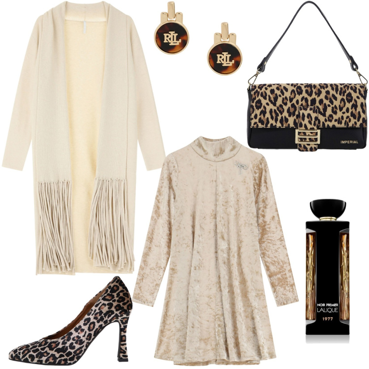 Outfit donna - L\'abito in velluto e décolleté animalier. Stile Glamour per Serata fuori. Abbinamento con profumi, cardigans, borse a spalla, décolleté, orecchini, vestiti corti.