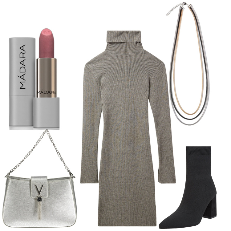 Outfit donna - Vestito e stivaletti. Stile Casual per Tutti i giorni. Abbinamento con rossetti, stivaletti, vestiti corti, collane, borse a spalla.