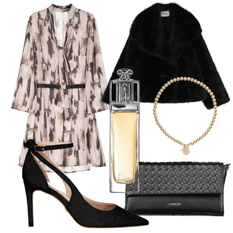Outfit donna - Invito galante. Stile Chic per Serata fuori. Abbinamento con profumi, décolleté, vestiti midi/longuette, collane, ecopellicce, borse a tracolla.