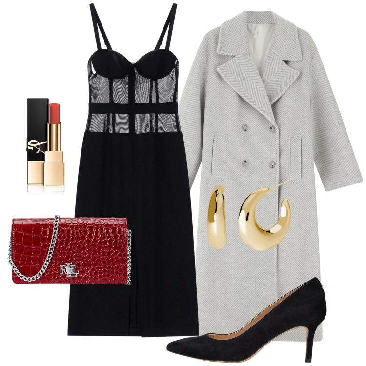Outfit donna - Festive Glam. Stile Glamour per Serata fuori. Abbinamento con rossetti, orecchini, vestiti midi/longuette, cappotti, décolleté, borse a mano.
