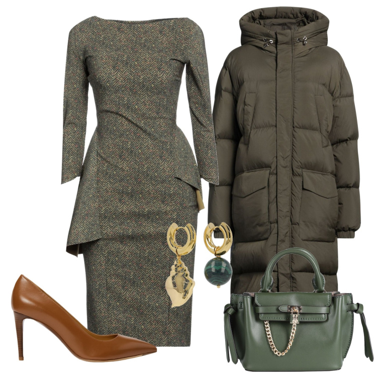 Outfit donna - Un abito stupendo. Stile Chic per Tutti i giorni. Abbinamento con vestiti midi/longuette, borse a mano, piumini, décolleté, orecchini.