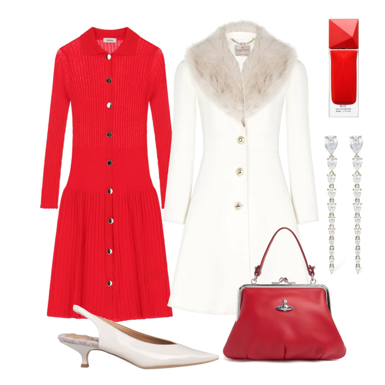 Outfit donna - Natale vintage. Stile Vintage retrò per Tutti i giorni. Abbinamento con décolleté, profumi, vestiti midi/longuette, cappotti, borse a mano, orecchini.