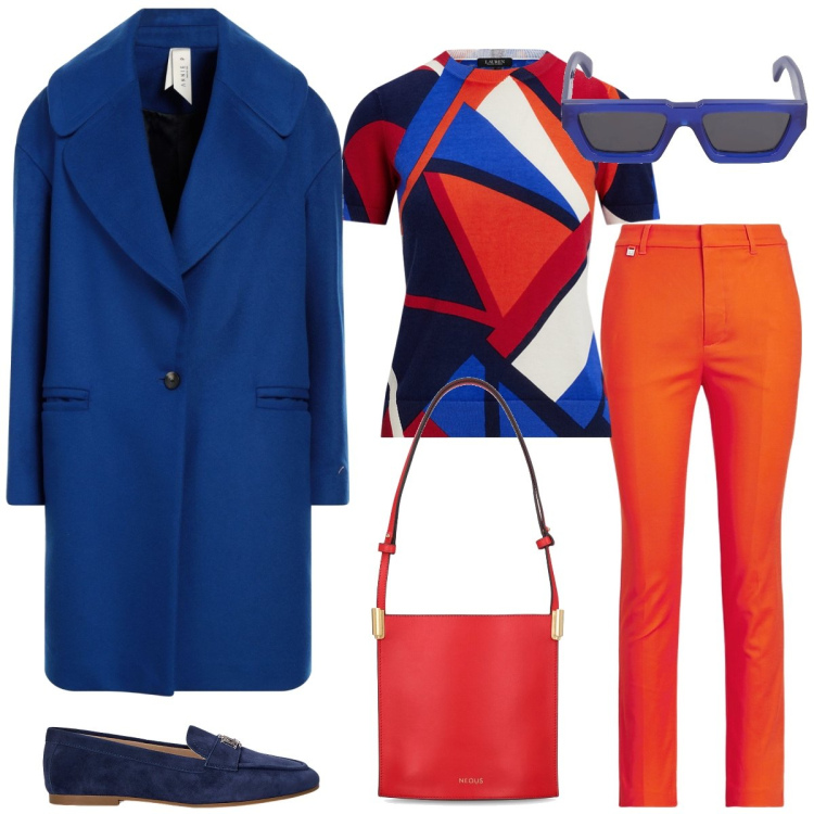 Outfit donna - Autunno in color block. Stile Trendy per Tutti i giorni. Abbinamento con cappotti, mocassini, pantaloni, maglieria, borse a spalla, occhiali da sole.