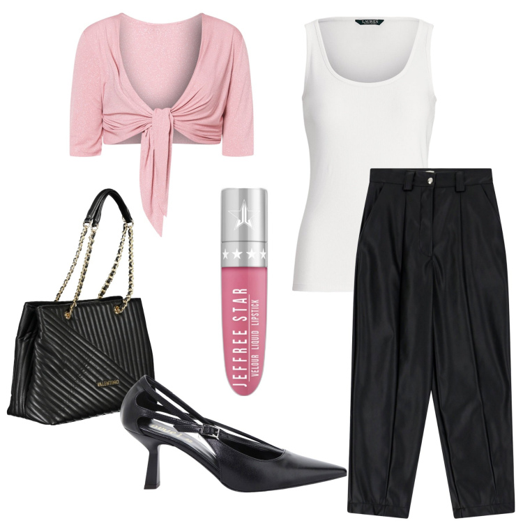 Outfit donna - Casual chic ufficio. Stile Casual chic per Ufficio. Abbinamento con rossetti, bolero, pantaloni, décolleté, canottiere, borse a spalla.
