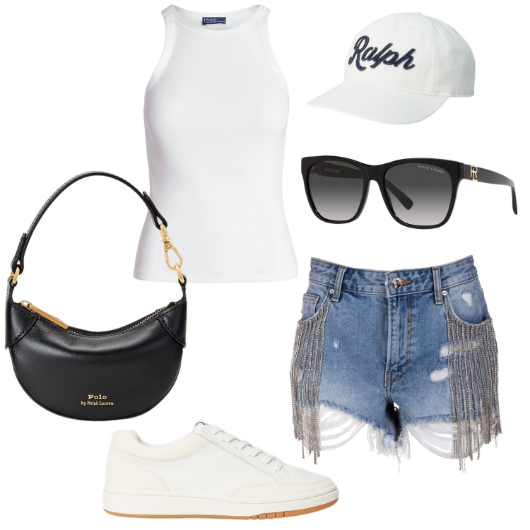 Outfit donna - Urban. Stile Urban per Tutti i giorni. Abbinamento con bermuda, occhiali da sole, canottiere, portafogli, sneakers, cappelli.