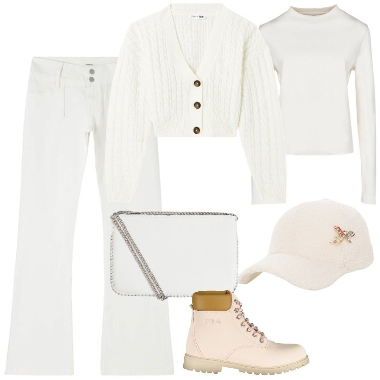 Outfit donna - Total look #2020752. Stile Basic per Tutti i giorni. Abbinamento con t-shirt, cardigans, pantaloni, borse a tracolla, cappelli, stivali.