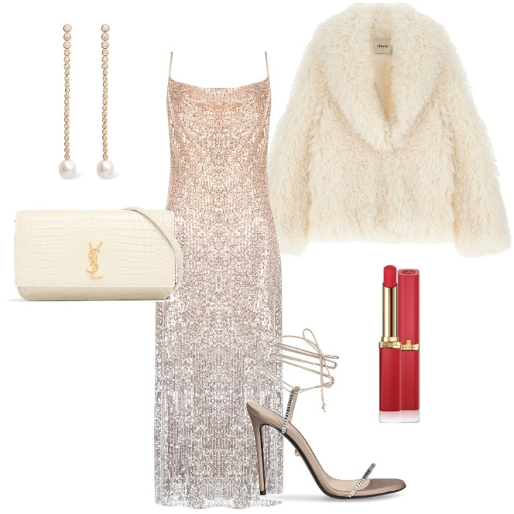 Outfit donna - Scintille. Stile Chic per Serata fuori. Abbinamento con rossetti, vestiti lunghi, blazer, borse a spalla, sandali col tacco, orecchini.