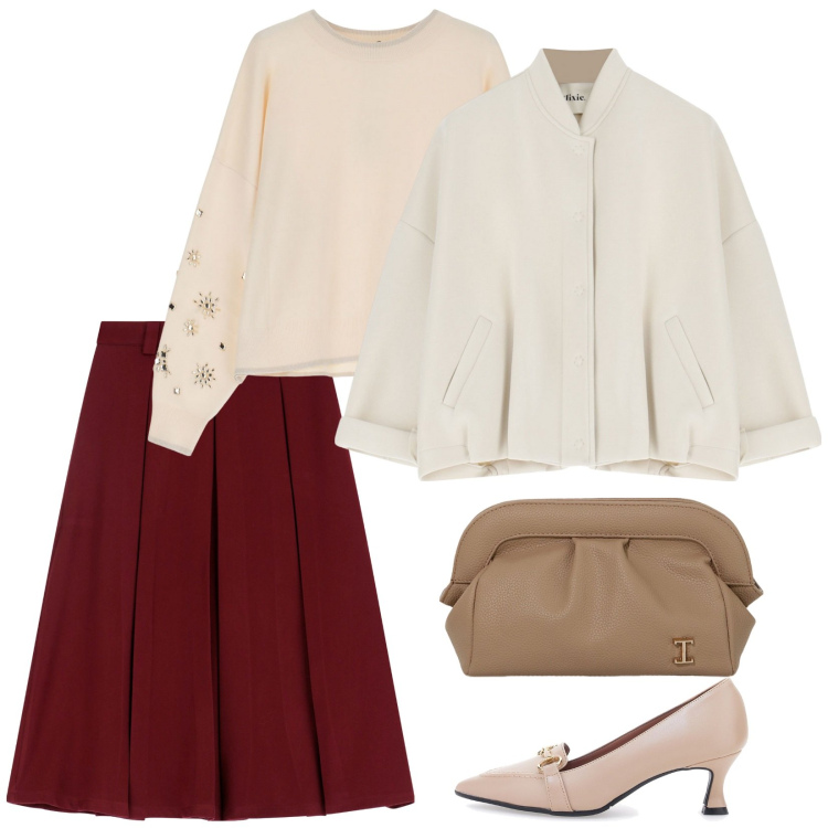 Outfit donna - Dettagli luminosi. Stile Casual chic per Serata fuori. Abbinamento con borse a mano, gonne longuette, maglieria, bomber, décolleté.