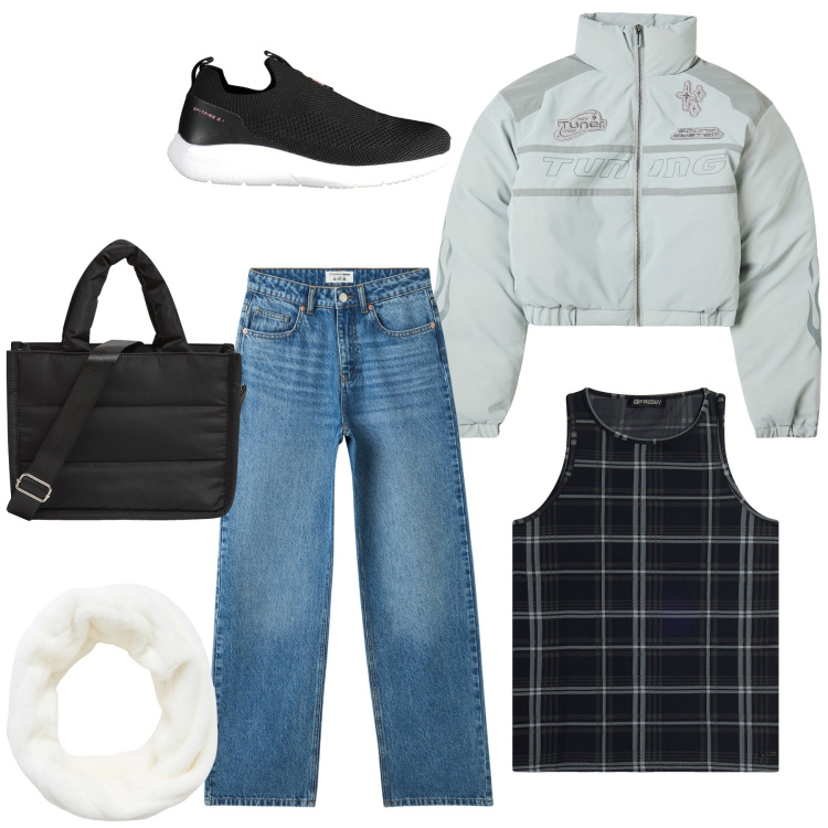 Outfit donna - Al mercato. Stile Casual chic per Tutti i giorni. Abbinamento con shopping bag, blazer, jeans, fasce per capelli, canottiere, sneakers.