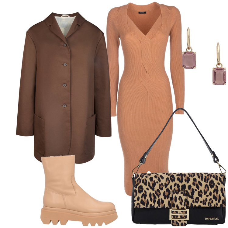 Outfit donna - Elegante pure se piove. Stile Urban per Ufficio. Abbinamento con stivaletti, vestiti midi/longuette, borse a spalla, orecchini, trench.