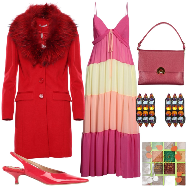 Outfit donna - Coloratissima serata. Stile Trendy per Serata fuori. Abbinamento con décolleté, orecchini, vestiti lunghi, ombretti, cappotti, borse a spalla.
