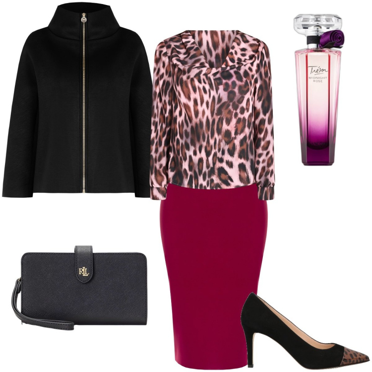 Outfit donna - Dettagli animalier. Stile Bon Ton per Serata fuori. Abbinamento con décolleté, profumi, gonne, bluse, cappe, pochette.