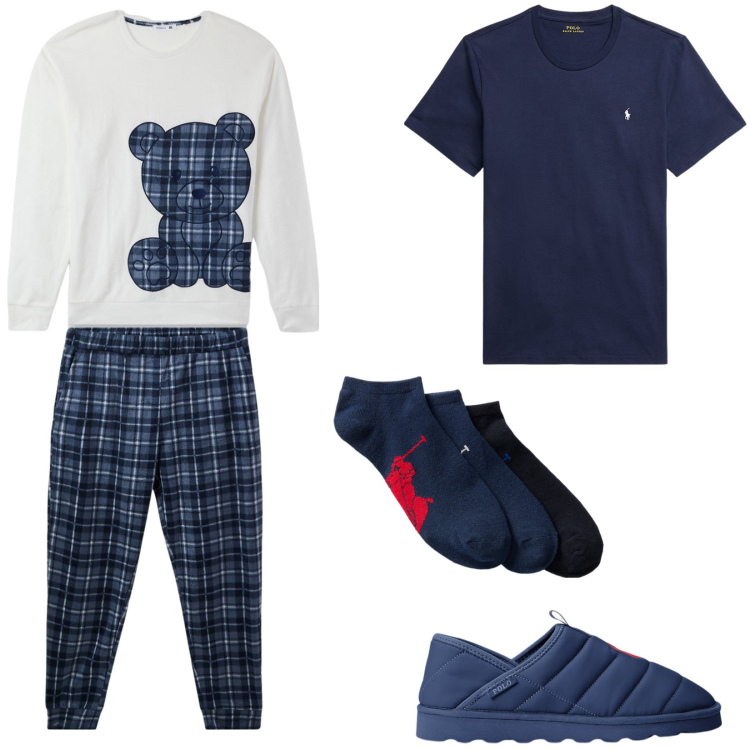Outfit uomo - Il mio orsacchiotto. Stile Casual per Tutti i giorni. Abbinamento con shorts, abbigliamento da notte, calzini, abbigliamento da notte, pantofole.