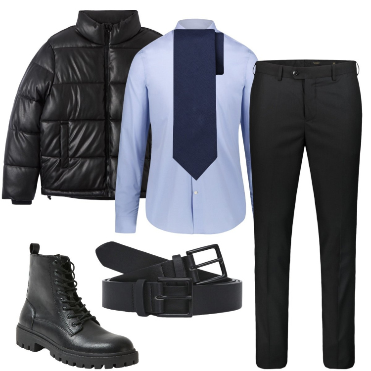 Outfit uomo - La cravatta blu. Stile Business/Elegante per Ufficio. Abbinamento con piumini, anfibi, cinture, camicie, cravatte, pantaloni.
